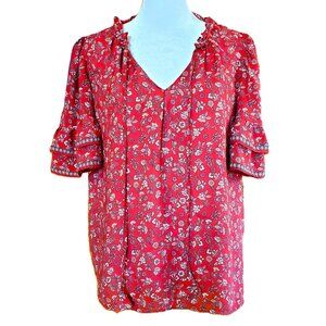 Max Studio Rust Floral Tiered Bell Sleeve Peasant Blouse Top Sz M Boho Cottage